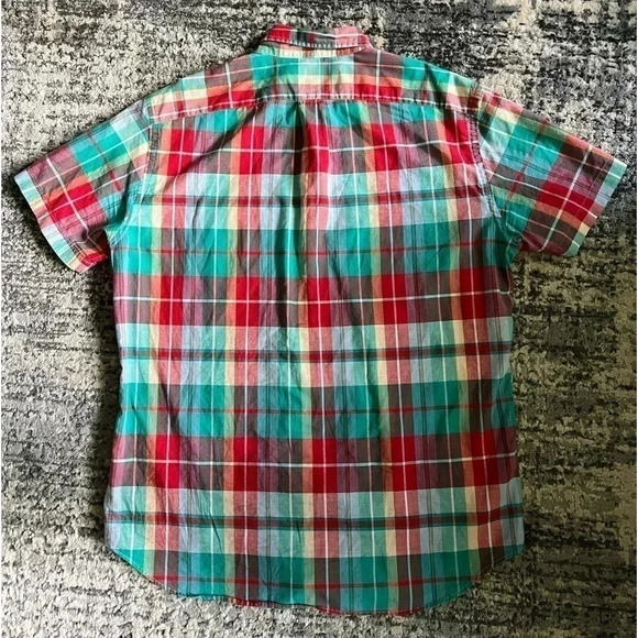 J Crew Colorful Red Teal White Casual Shirt Button Down Short Sleeve Plaid Large - Picture 2 of 6